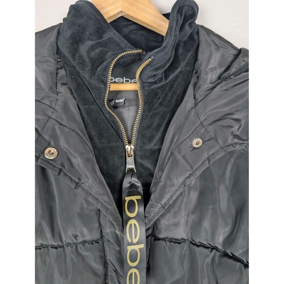 bebe Jacket Womens Medium Black Puffer Hooded Quilted Snap Zip Logo Patch Coat - Picture 1 of 11